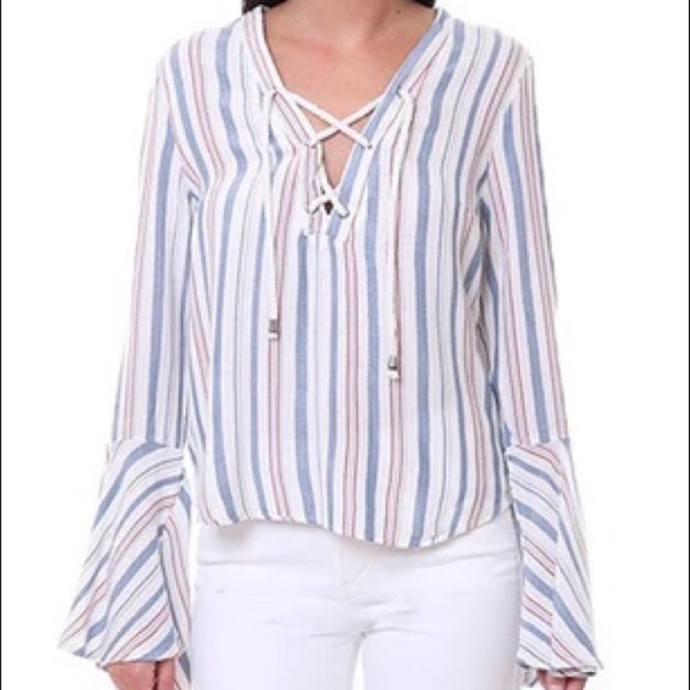 Vintage Havana Stripe Nautical Top with Rope Tie Front- Bell Sleeve- M